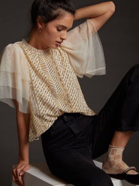 Anthropologie Let It Be Sequined Embroidered Puff-Sleeve Blouse Size xs